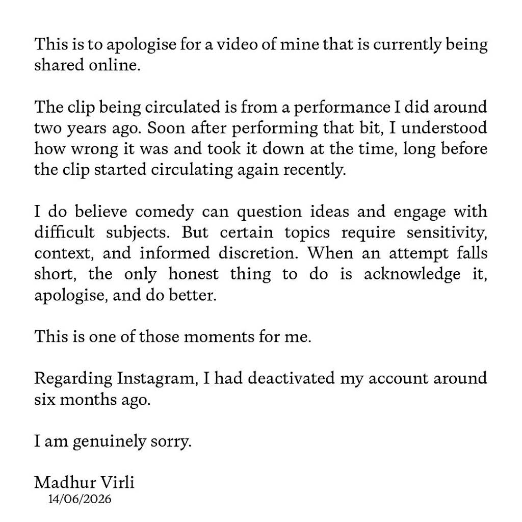 Madhur Virli apology